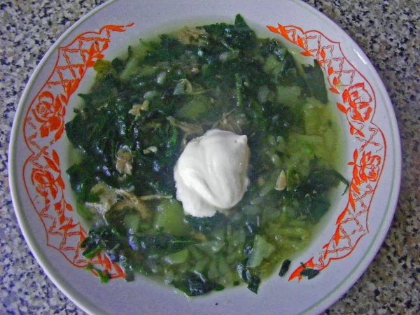 イラクサの素朴なボウルで緑のスープ — ストック写真