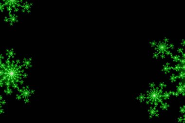 Soyut neon yeşili kar taneleri, çiçek veya yıldız kartı veya kopya alanı ile davet için siyah arka plan.