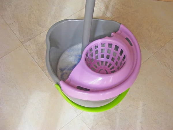 Close Mop Bucket Cleaning Floor — Stock Photo, Image