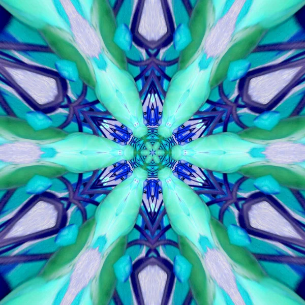 Muito Azul Teal Floral Mandala Gzhel Efeito Caleidoscópio Cores Frescas — Fotografia de Stock