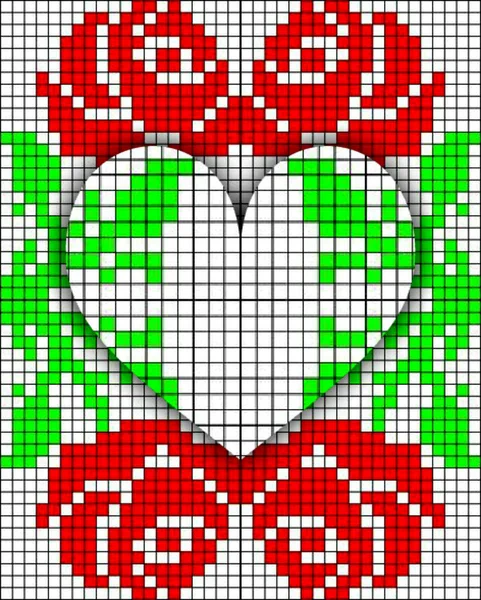 Bildleinwand Mit Roten Rosen Und Herz Illustration Der Kreuzstichstickerei Rosenflorales — Stockfoto