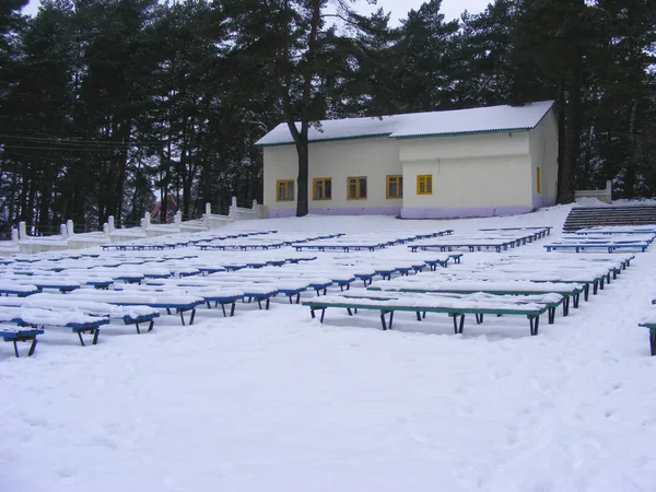 Parque Inverno Cidade Com Uma Fileira Bancos Neve Sanatório Inverno — Fotografia de Stock