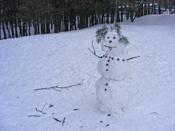 Feliz Boneco Neve Fora Contra Floresta Fim Inverno — Fotografia de Stock