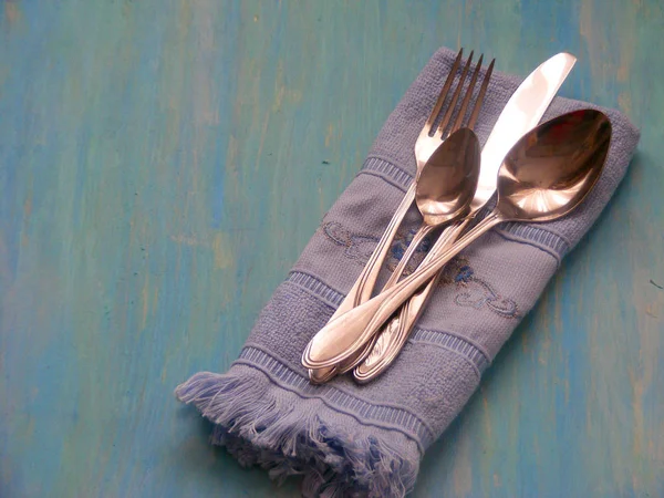 Vintage Knife Spoon Fork Blue Wooden Background — Stock Photo, Image