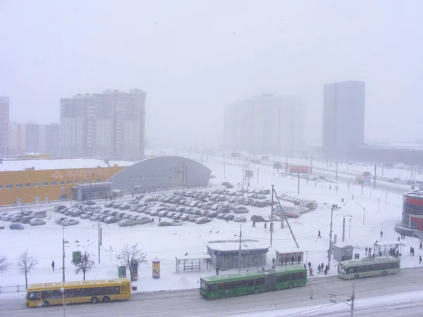 Urban Scene Road Street Snowfall Cold Dawn Frozen City Minsk — Stock Photo, Image