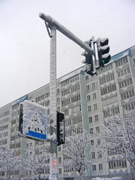 Road Sign Crosswalk Traffic Light Covered Snow Danger Town — Stock Photo, Image