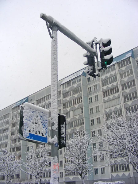 Vägmärket Övergångsställe Och Trafikljus Omfattas Snö Fara Stan — Stockfoto