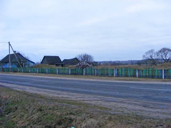 Straße Alten Dorf Weißrussland Winterweg Und Alter Zaun — Stockfoto