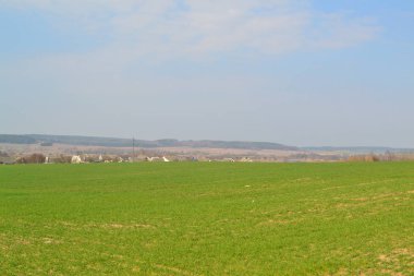 Pitoresk manzara: Rus Köyü, yaz turizmi. Bahar manzarası. Panorama manzarası. Doğa geçmişi. Bahar doğa sahnesi.