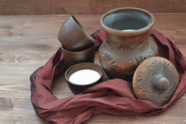 Rustikale Russische Bio Küche Milch Oder Ziegenmilch Keramik Vintage Keramik — Stockfoto