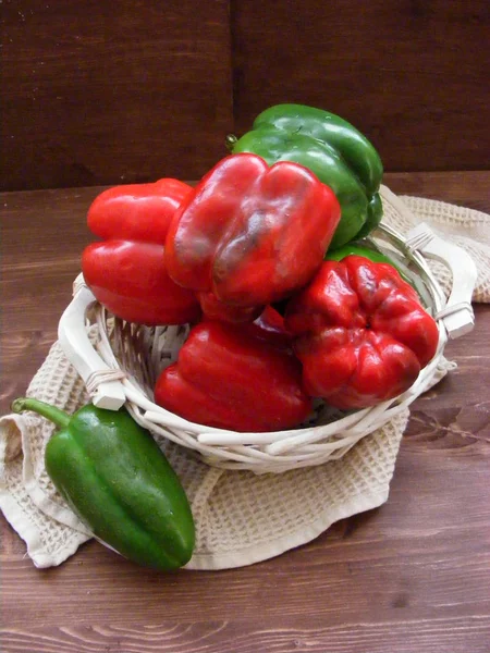 Vegetables Background Fresh Bell Pepper Wooden Table Vertical Photo — Stock Photo, Image