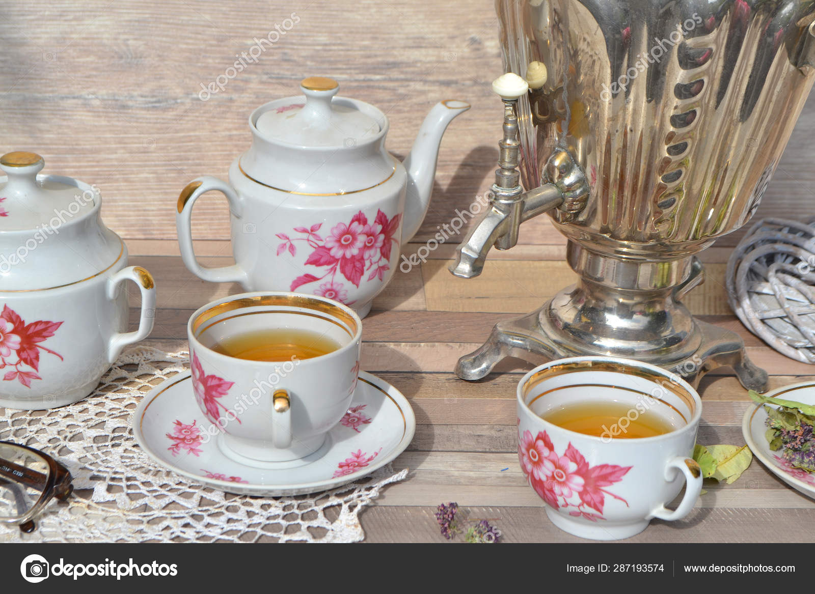 Tea Party Rustic Style Russian Samovar Knitted Napkin Stock Photo By C Annafrby 287193574