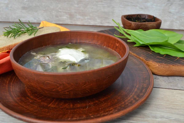 Russische Rustikale Küche Grüne Gemüsesuppe Mit Wachtelei Saure Sahne — Stockfoto