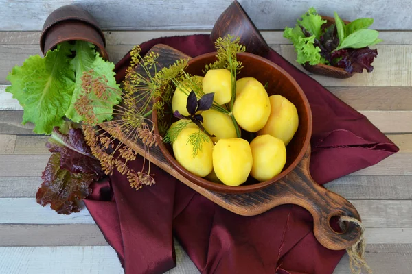 Traditionele Russische Gekookte Aardappelen Met Dille Basilicum Gebakken Uien Kom — Stockfoto