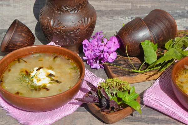 Traditional russian cuisine: cabbage soup with potatoes and sausage