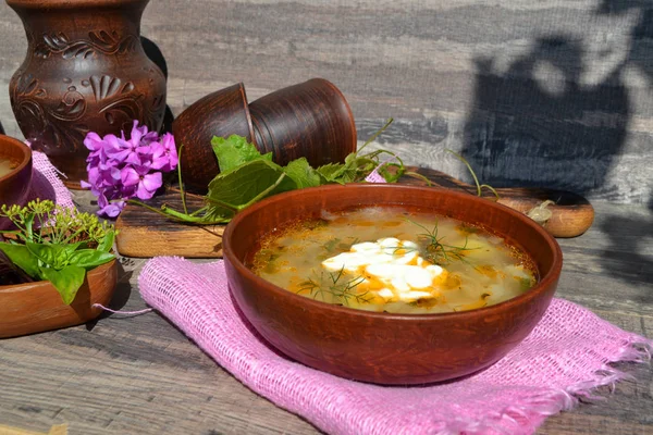 Kohlsuppe Mit Fleisch Der Rustikalen Keramikschüssel — Stockfoto