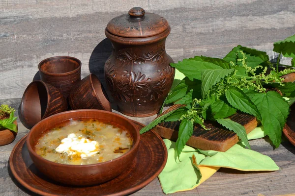 Nettle soup in a ceramic rustic bowl on a wooden surface, with ceramic jug — Stock Image Nettle Soup Ceramic Rustic Bowl Wooden Surface Ceramic Jug Royalty Free Stock Images