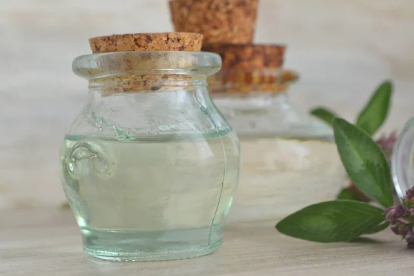 Garrafas Com Óleo Trevo Trevo Flor Fresca Folhas Fundo Natural — Fotografia de Stock