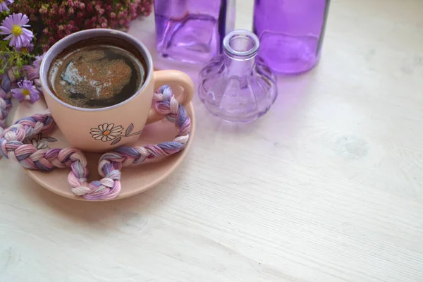 Café Manhã Domingo Relaxar Ainda Conceito Vida Violeta Branco Lugar — Fotografia de Stock