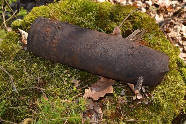 Concetto di pericolo: primo piano di whizbang vecchio, artiglieria whizzbang arrugginito alto esplosivo della Seconda guerra mondiale in foresta di boscaglia di Belarus — Foto Stock