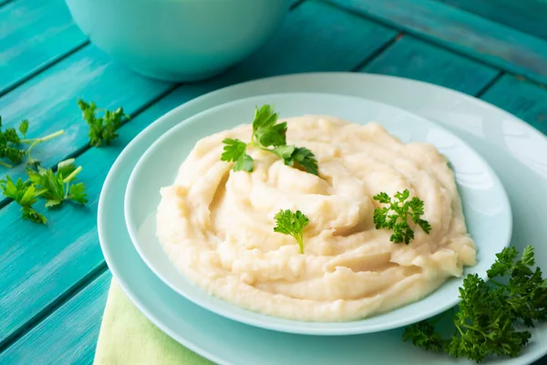 Mashed Pureed Potato Bowl Wooden Table Persil — Stock Photo, Image