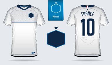 Fransa Millî Futbol Takımı futbol jersey veya futbol takımı şablon tasarım kümesi. Ön ve arka futbol Tekdüzen görüntüleyin. Futbol tişörtlü kadar sahte. Vektör çizim