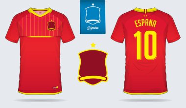 İspanya Millî Futbol Takımı futbol jersey veya futbol takımı şablon tasarım kümesi. Ön ve arka futbol Tekdüzen görüntüleyin. Futbol tişörtlü kadar sahte. Vektör çizim