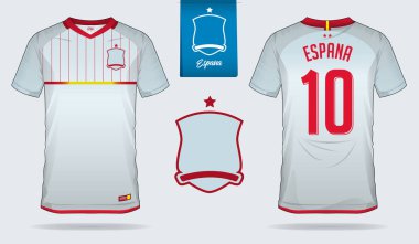 İspanya Millî Futbol Takımı futbol jersey veya futbol takımı şablon tasarım kümesi. Ön ve arka futbol Tekdüzen görüntüleyin. Futbol tişörtlü kadar sahte. Vektör çizim
