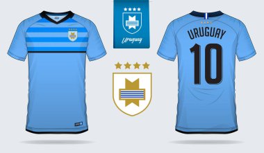 Uruguay Millî Futbol Takımı futbol jersey veya futbol takımı şablon tasarım kümesi. Ön ve arka futbol Tekdüzen görüntüleyin. Futbol tişörtlü kadar sahte. Vektör çizim