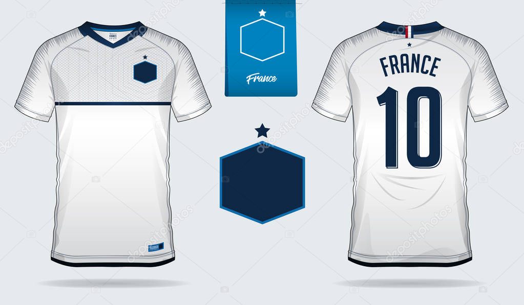 Set of soccer jersey or football kit template design for France national football team. Front and back view soccer uniform. Football t shirt mock up. Vector Illustration