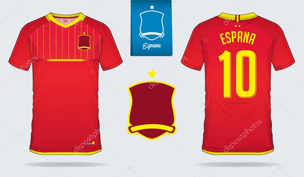 Set of soccer jersey or football kit template design for Spain national football team. Front and back view soccer uniform. Football t shirt mock up. Vector Illustration