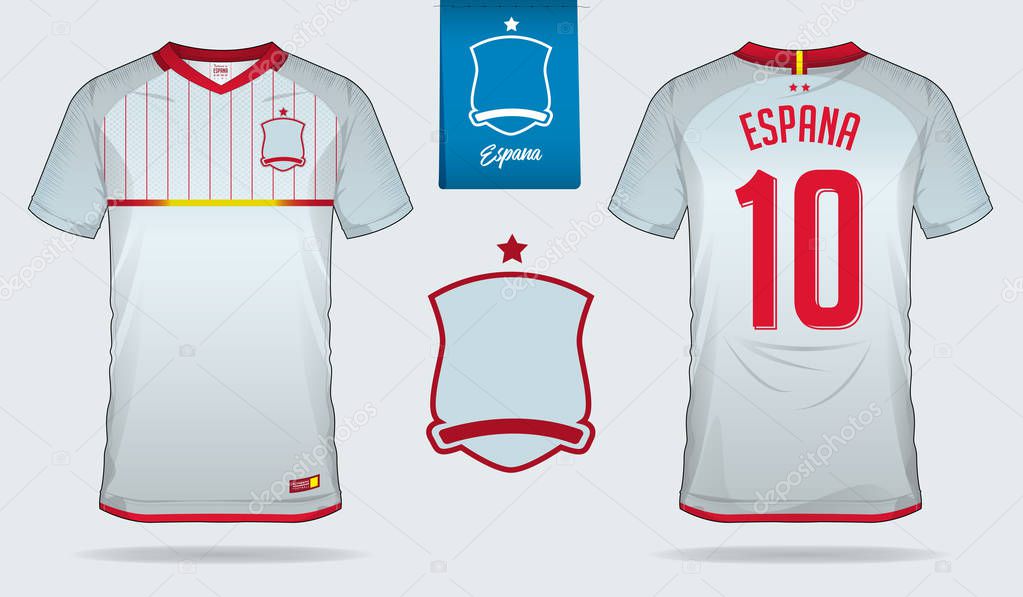 Set of soccer jersey or football kit template design for Spain national football team. Front and back view soccer uniform. Football t shirt mock up. Vector Illustration
