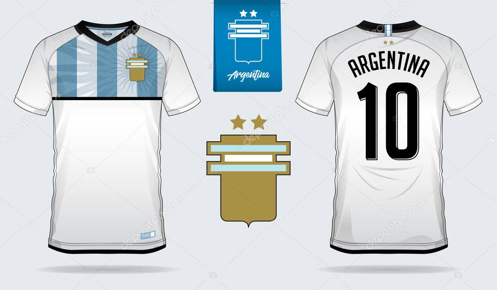 Set of soccer jersey or football kit template design for Argentina national football team. Front and back view soccer uniform. Football t shirt mock up. Vector Illustration