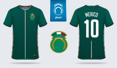 Futbol jersey veya futbol takımı şablon tasarım Meksika Millî Futbol takımı. Ön ve arka futbol Tekdüzen görüntüleyin. Futbol tişörtlü kadar sahte. Vektör çizim