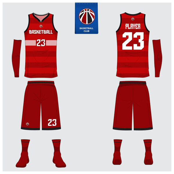 Basketball jersey or sport uniform template design for basketball club. Front and back view sport t-shirt design. Tank top t-shirt mock up with basketball flat logo design. Vector Illustration.