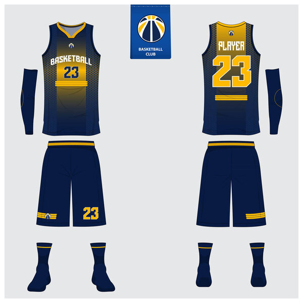 Basketball jersey or sport uniform template design for basketball club. Front and back view sport t-shirt design. Tank top t-shirt mock up with basketball flat logo design. Vector Illustration.