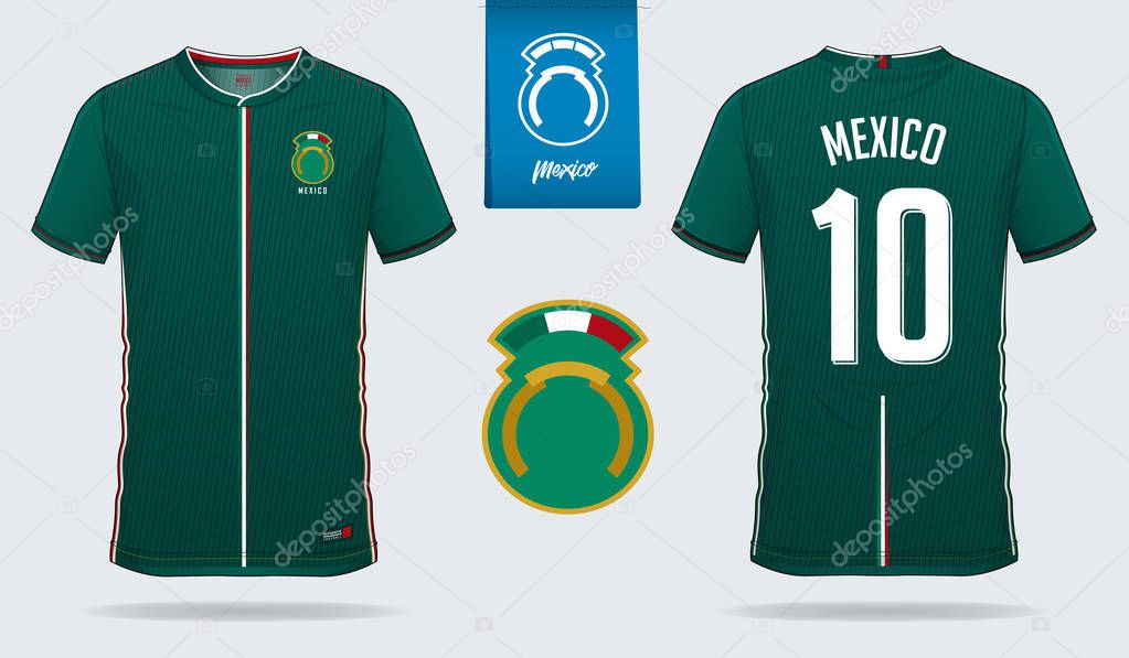 Soccer jersey or football kit template design for Mexico national football team. Front and back view soccer uniform. Football t shirt mock up. Vector Illustration