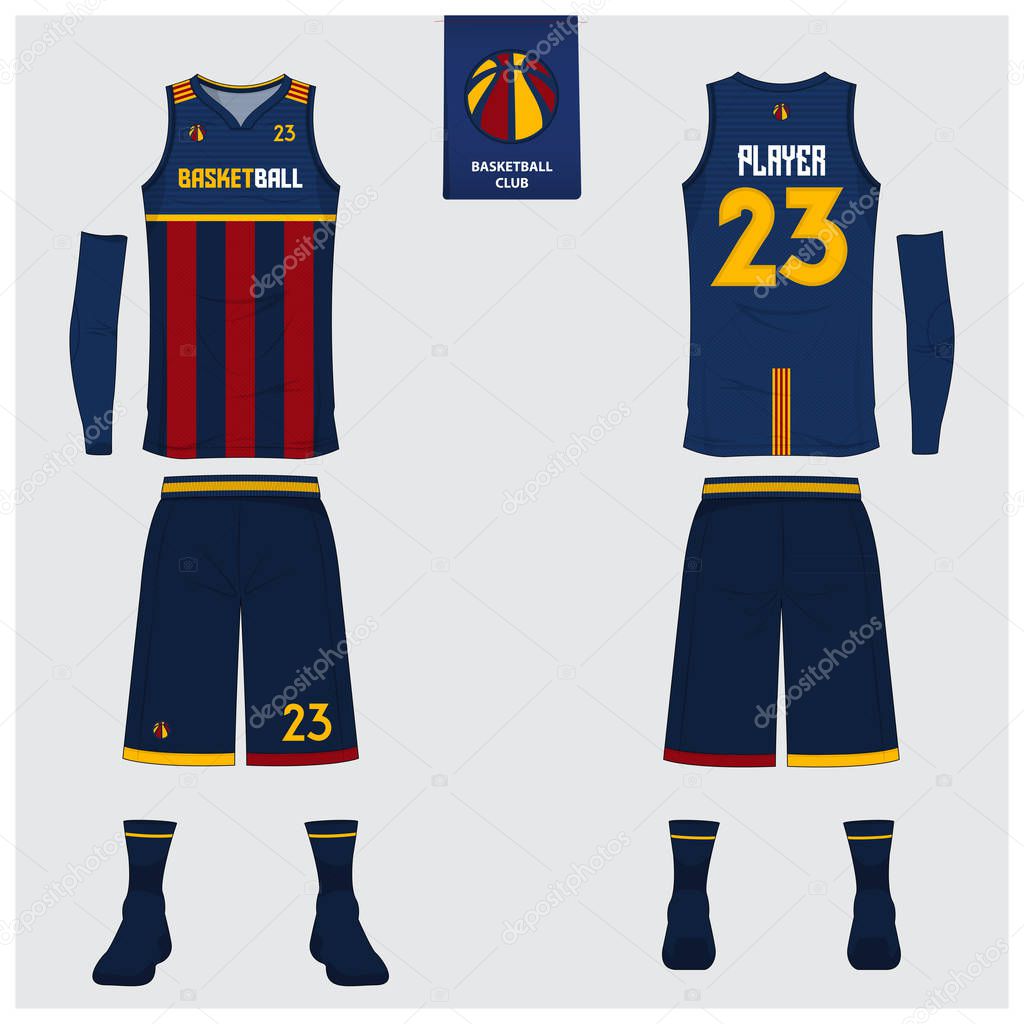Basketball jersey or sport uniform template design for basketball club. Front and back view sport t-shirt design. Tank top t-shirt mock up with basketball flat logo design. Vector Illustration.