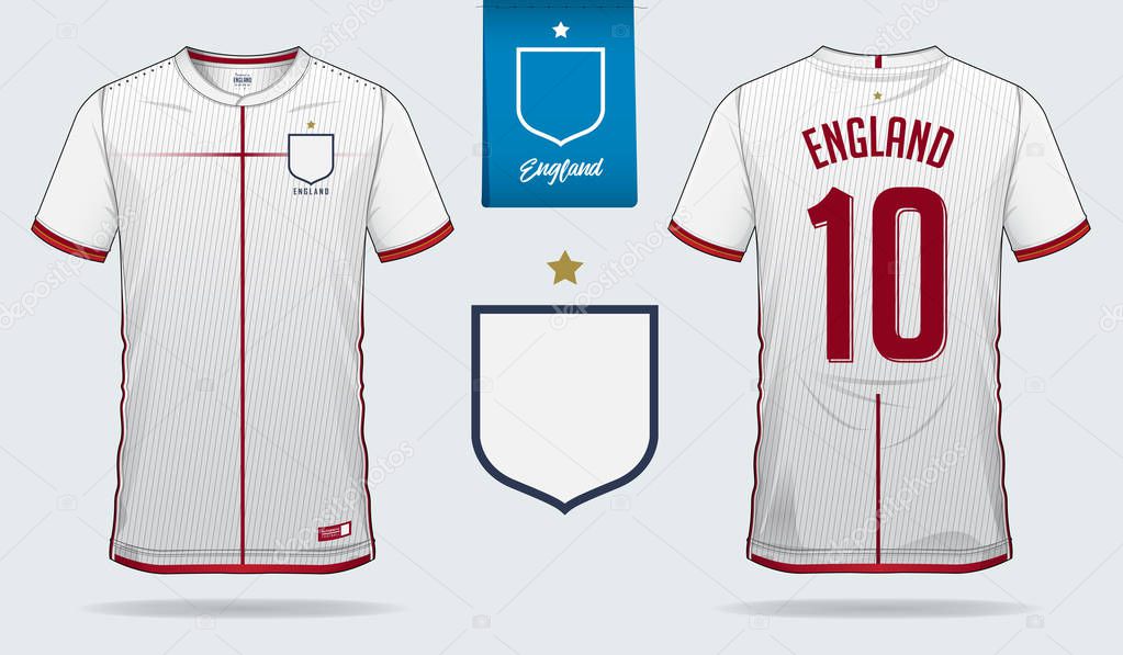 Set of soccer jersey or football kit template design for England national football team. Front and back view soccer uniform. Football t shirt mock up. Vector Illustration