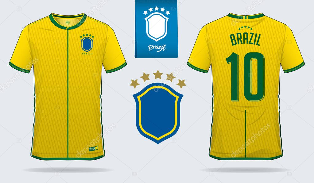 Set of soccer jersey or football kit template design for Brazil national football team. Front and back view soccer uniform. Football t shirt mock up. Vector Illustration