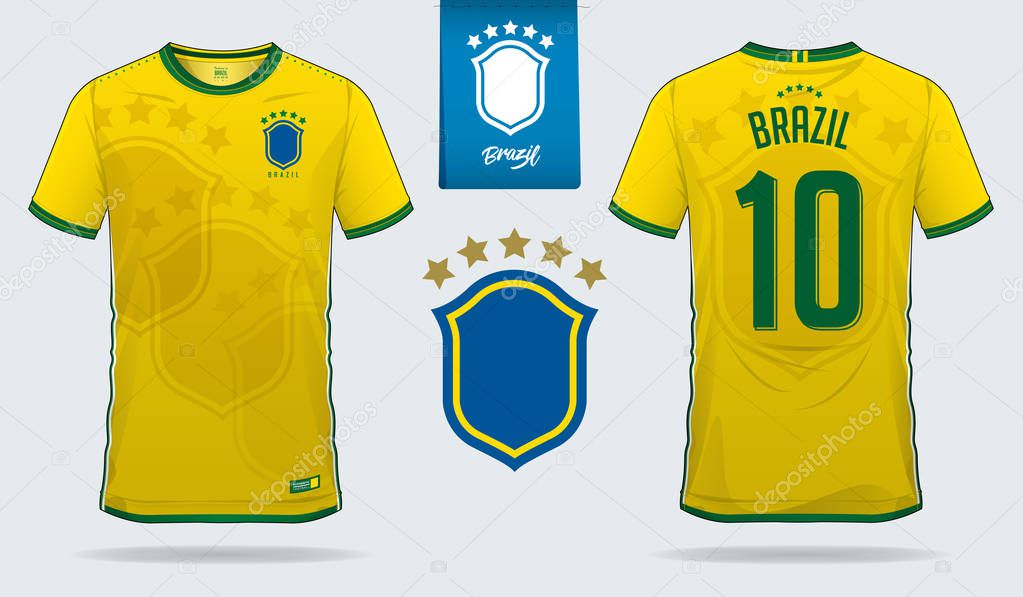 Set of soccer jersey or football kit template design for Brazil national football team. Front and back view soccer uniform. Football t shirt mock up. Vector Illustration