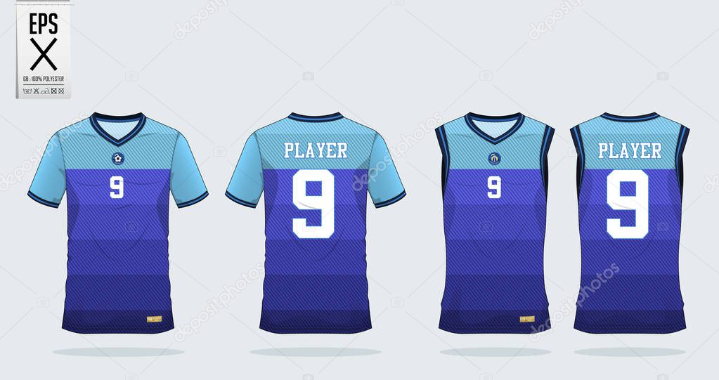 Blue stripe Pattern t-shirt sport design template for soccer jersey, football kit and tank top for basketball jersey. Sport uniform in front and back view. T shirt mock up for sport club. Vector Illustration.