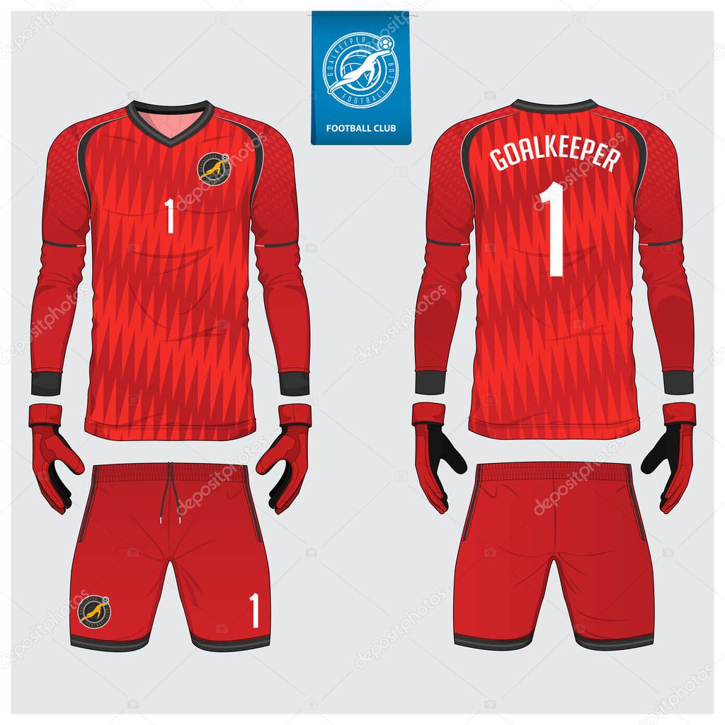 Goalkeeper jersey or soccer kit, long sleeve jersey, goalkeeper glove template design. Sport t-shirt mock up. Front and back view football uniform. Flat football logo label. Vector Illustration.