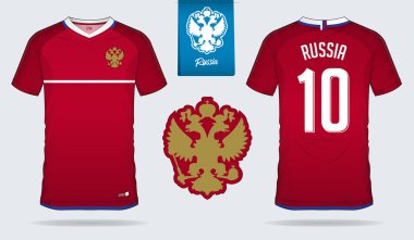 Futbol jersey veya futbol takımı şablon tasarım Rusya Millî Futbol takımı. Ön ve arka futbol Tekdüzen görüntüleyin. Futbol tişörtlü düz logo tasarımı ile alay etmek yukarıya. Vektör çizim