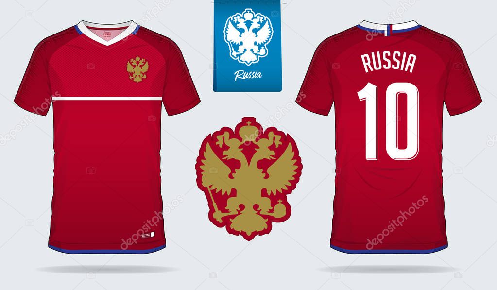 Soccer jersey or football kit template design for Russia national football team. Front and back view soccer uniform. Football t shirt mock up with flat logo design. Vector Illustration