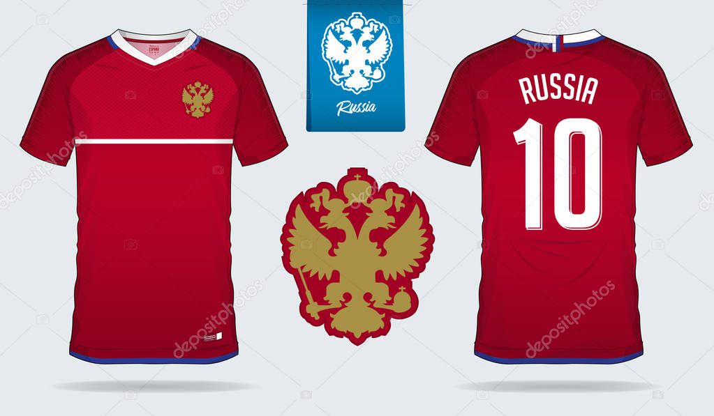 Soccer jersey or football kit template design for Russia national football team. Front and back view soccer uniform. Football t shirt mock up with flat logo design. Vector Illustration