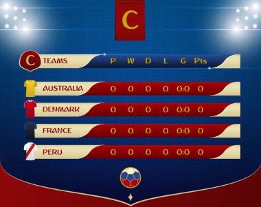 Futbol ya da futbol sonuçları tasarım şablonu masa. Küçük noktalı deseni ve Futbol Şampiyonası için aydınlatma stadyum futbol zamanlama eşleşir. Vektör çizim