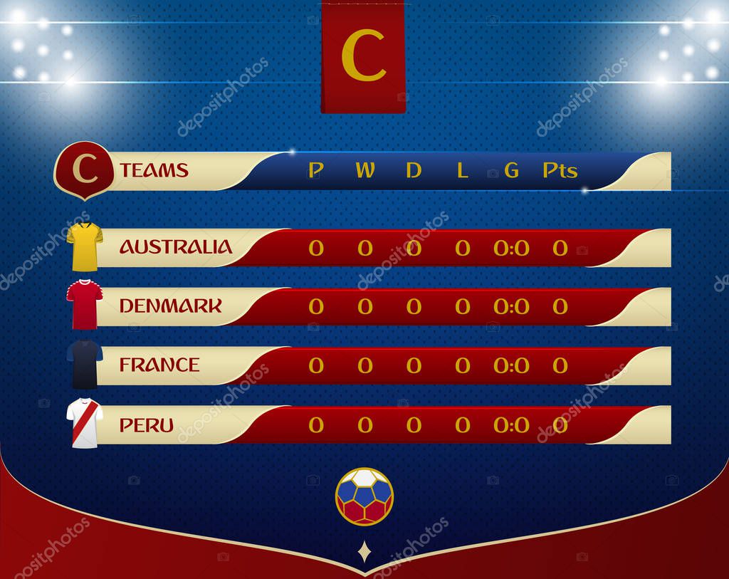 Soccer or football results table template design. Schedule of soccer matches on the dot pattern and stadium lighting for football championship. Vector illustration