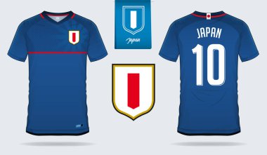 Futbol jersey veya futbol takımı şablon tasarım Japonya Millî Futbol takımı. Ön ve arka futbol Tekdüzen görüntüleyin. Ev ve uzak futbol t gömlek düz logo tasarımı ile alay etmek yukarıya. Vektör çizim