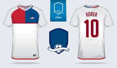 Futbol jersey veya futbol takımı şablon tasarım Güney Kore Millî Futbol takımı. Ön ve arka futbol Tekdüzen görüntüleyin. Futbol tişörtlü düz logo tasarımı ile alay etmek yukarıya. Vektör çizim